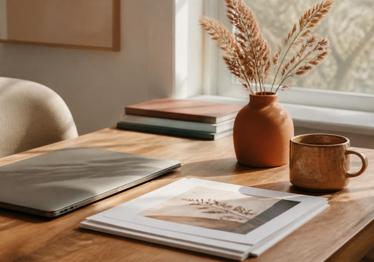 A styled workspace with a laptop, printed pages, a warm mug and a terracotta vase
