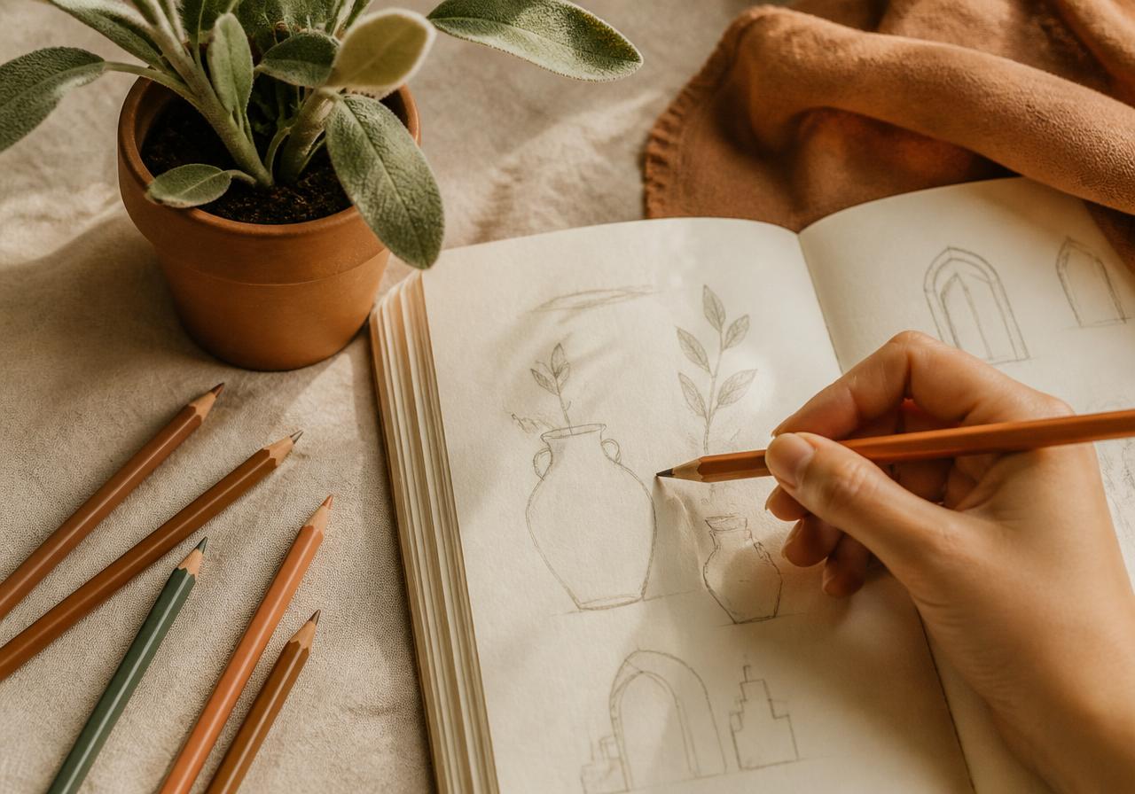 A hand sketching in an open notebook surrounded by coloured pencils and a sage plant