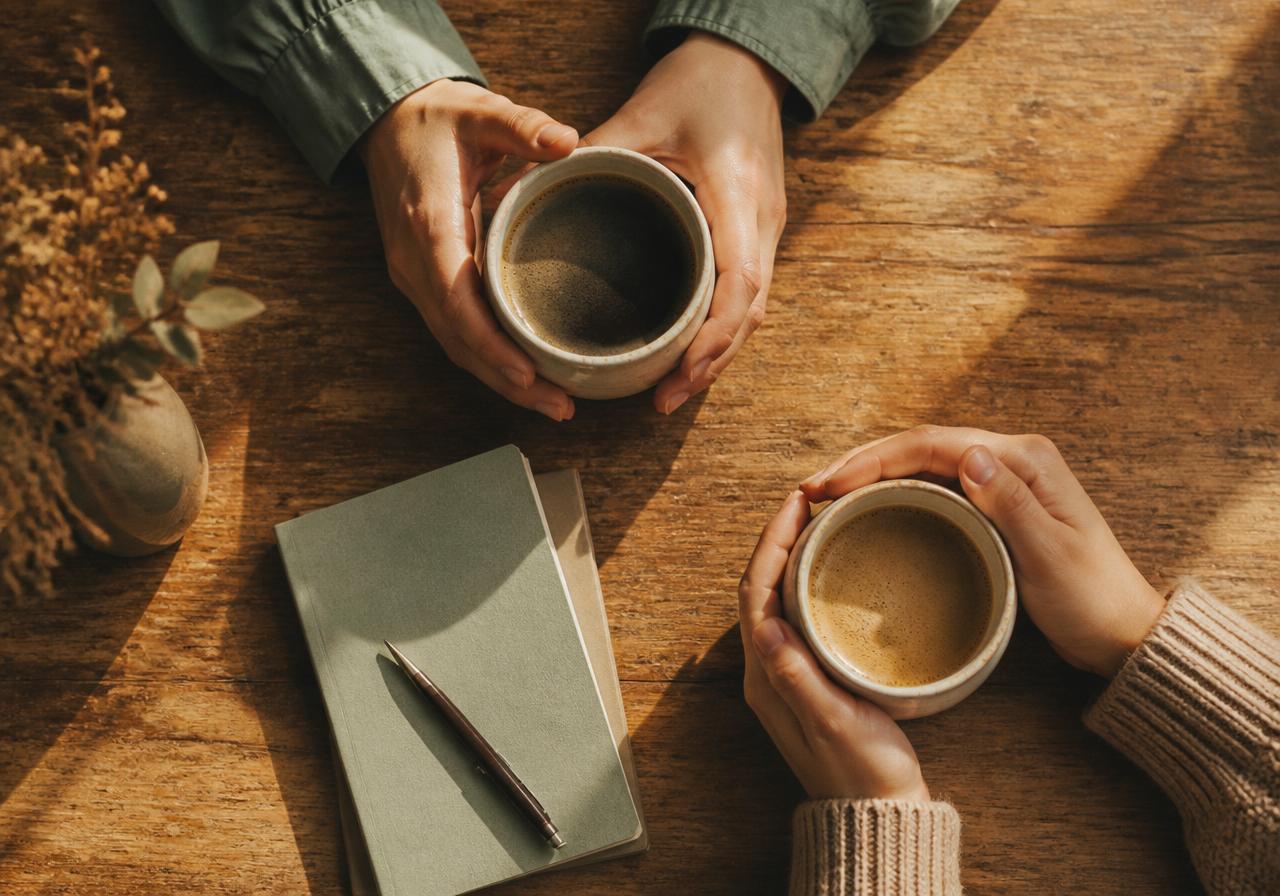 Two pairs of hands wrapped around ceramic coffee cups on a warm wooden table