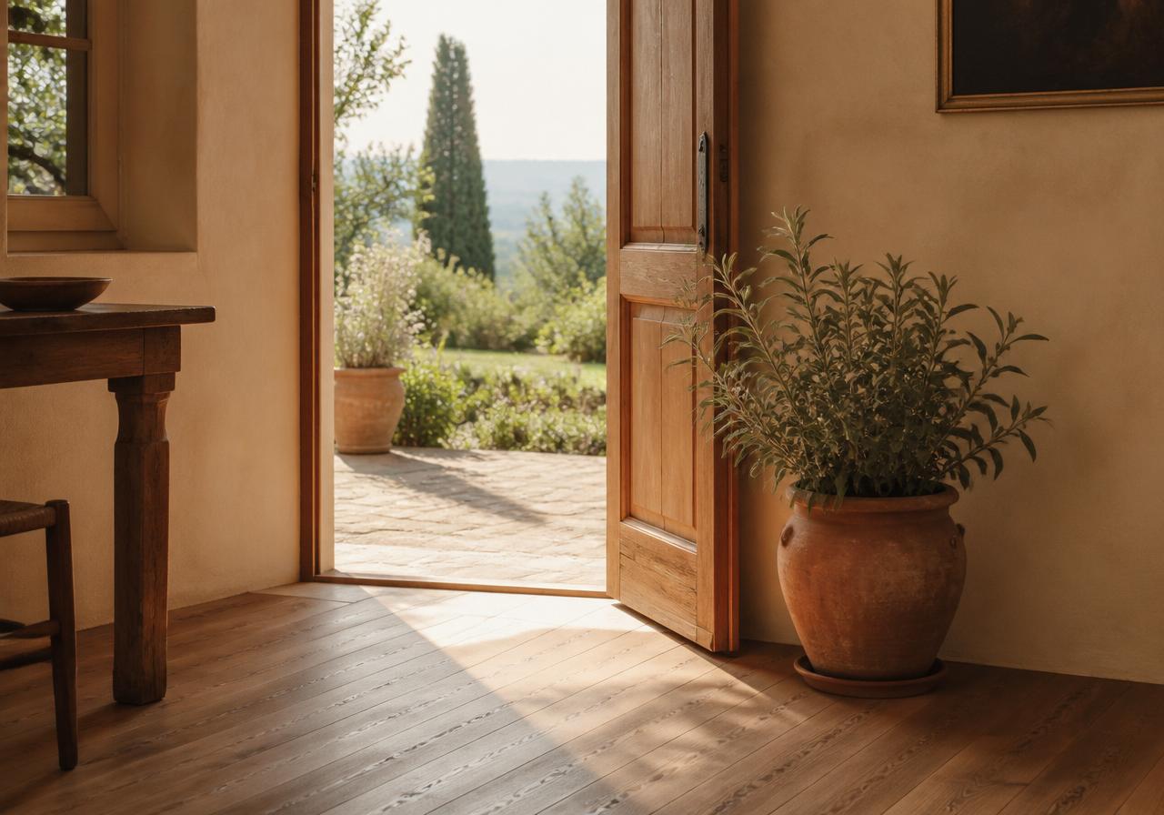 An open wooden doorway spilling warm sunlight onto an oak floor with a sage plant beside it