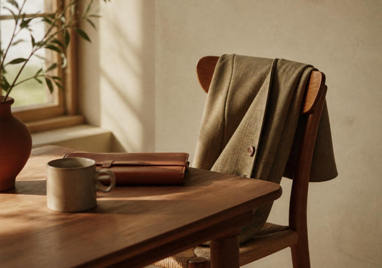 A folded blazer draped over a wooden chair beside a leather portfolio and ceramic mug