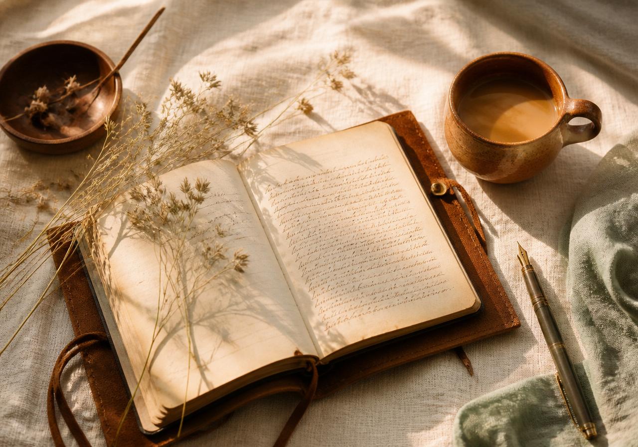 A leather journal open on warm linen with a coffee cup and dried grasses in morning light