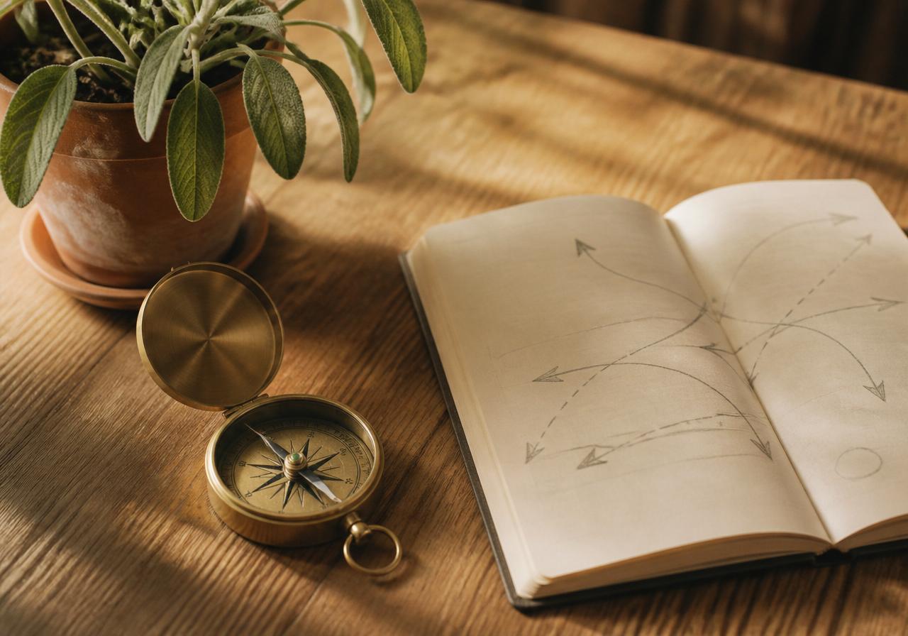 A brass compass and open notebook with hand-drawn arrows beside a sage plant
